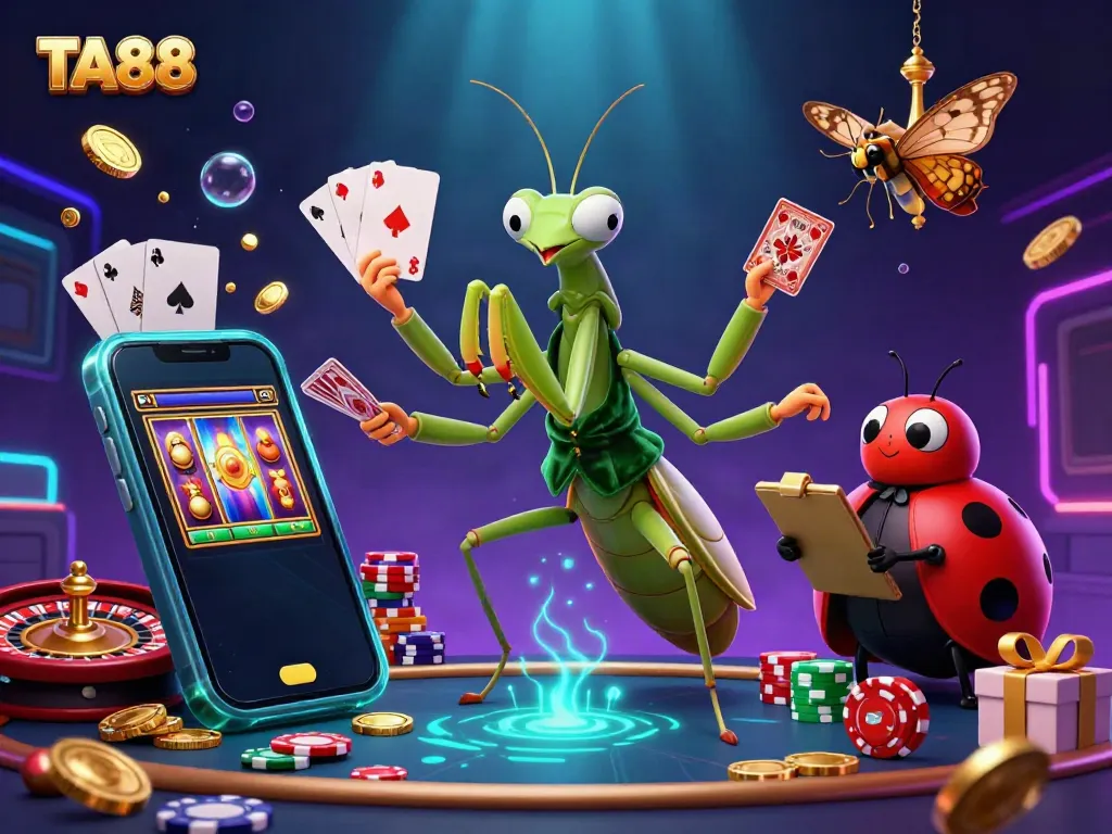 Engage with TA88 at a vibrant casino scene featuring a giant praying mantis card sharp and a ladybug pit boss.