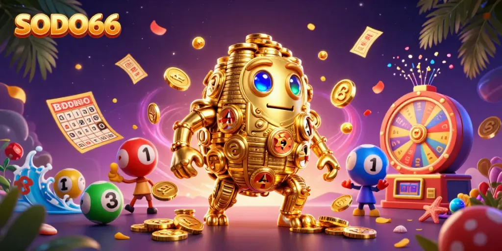 Engage with SODO66's vibrant casino experience featuring a golden golem and dynamic gaming elements.