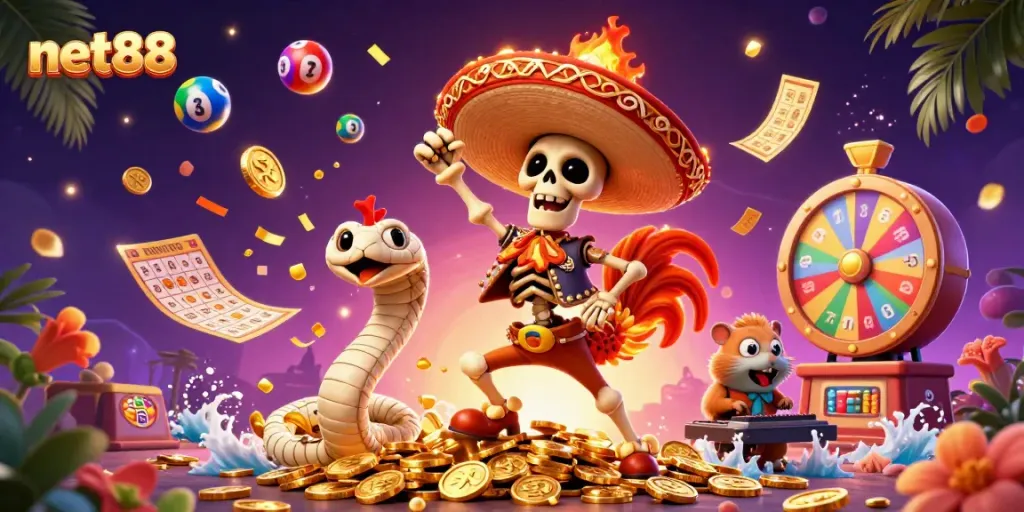Exciting gameplay at net88 with vibrant animations, characters dancing among golden coins, attracting gamblers.