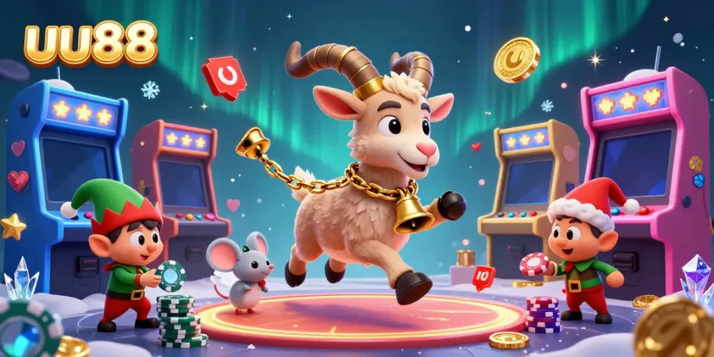 Gamblers enjoy fun at uu88's lively casino with animated characters in an engaging festive scene.