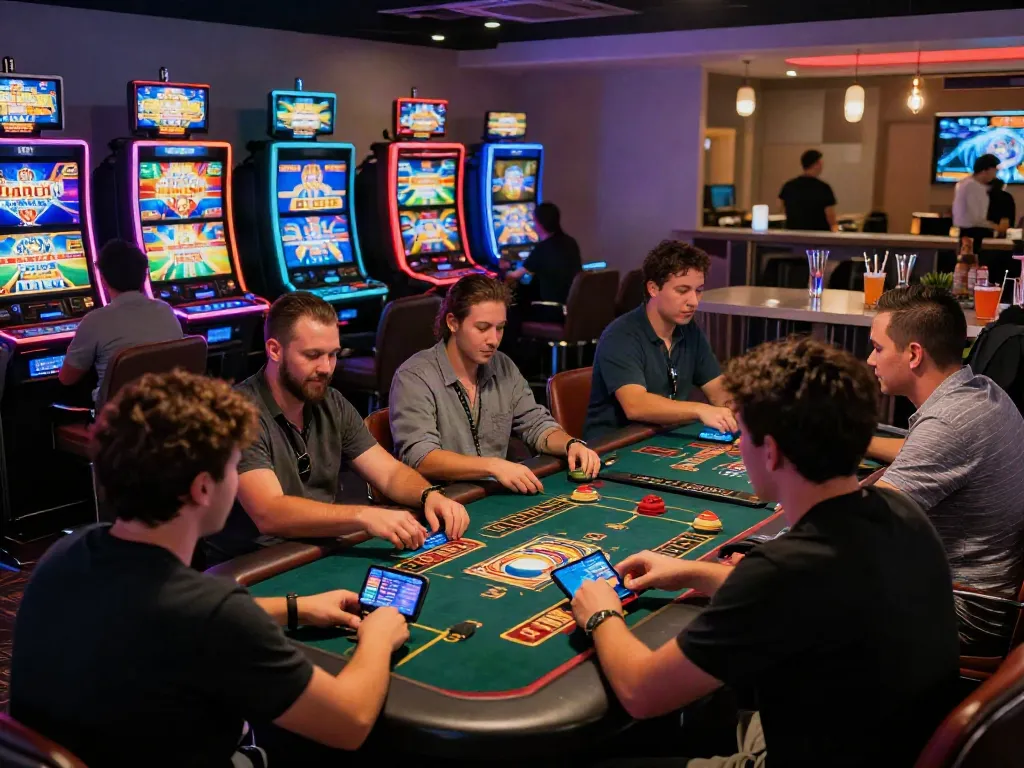 Players enjoying diverse gaming experiences at https://gem88.jpn.com/ in a vibrant casino lounge atmosphere.