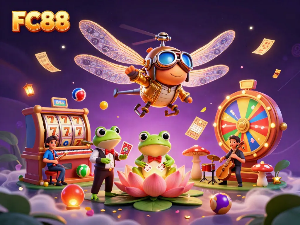 Experience the thrills at FC88 with dynamic slot action and lively characters in a vibrant casino setting.