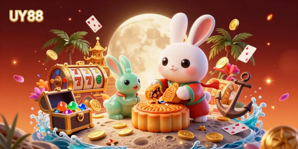 Experience exciting gameplay in UY 88 with a vibrant moon rabbit scene showcasing poker elements amidst a rich casino atmosphere.
