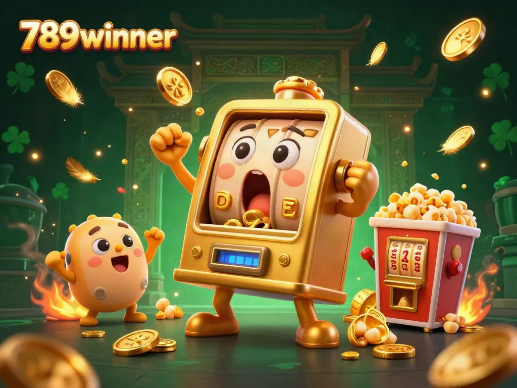 Experience the excitement with 789winner as the golden slot machine hits the jackpot, coins pouring out!