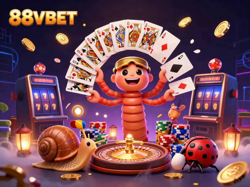 88VBET showcases a vibrant gaming scene with a millipede dealer, snail high-roller, and pill bug in an exciting casino atmosphere.