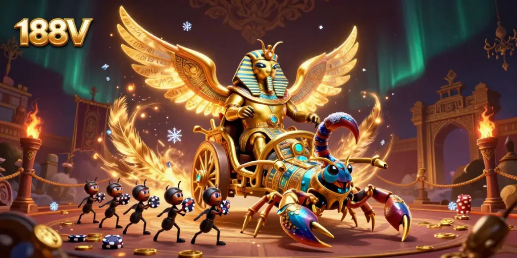 Join the exciting adventure of 188V online casino with pharaoh-themed characters and vibrant elements.