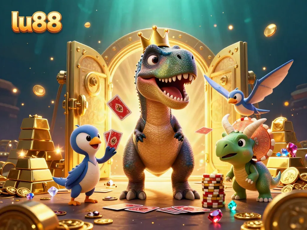 Experience thrilling games at lu88 with a T-Rex shuffling cards and a baby triceratops stacking golden chips.