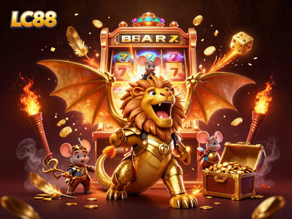 Experience dynamic gameplay excitement with LC88's jackpot explosion in this vibrant casino illustration.