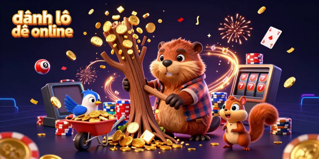 Engage in đánh lô đề online with fun characters collecting coins amidst vibrant casino elements.