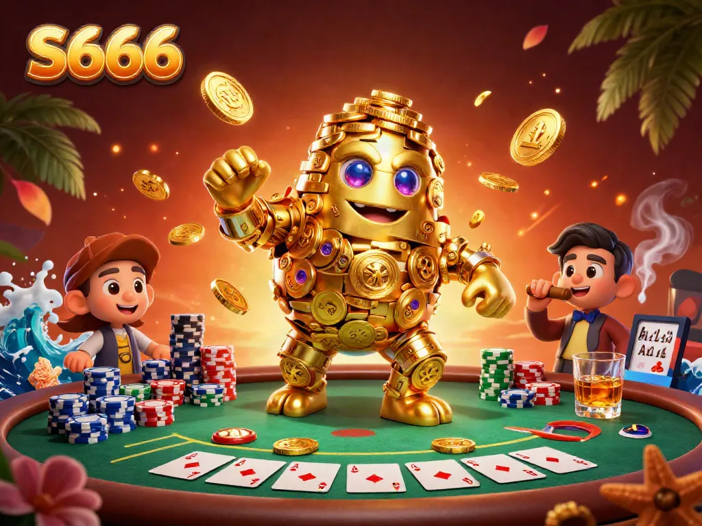 Experience gaming excitement with S666, featuring a dynamic golden golem and poker elements.