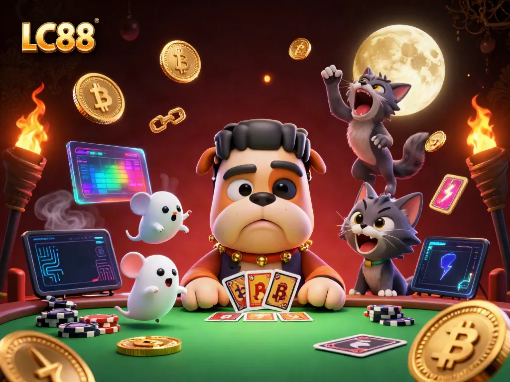 LC88 showcases a thrilling 3D casino scene with vibrant characters and digital elements engaging in gaming excitement.