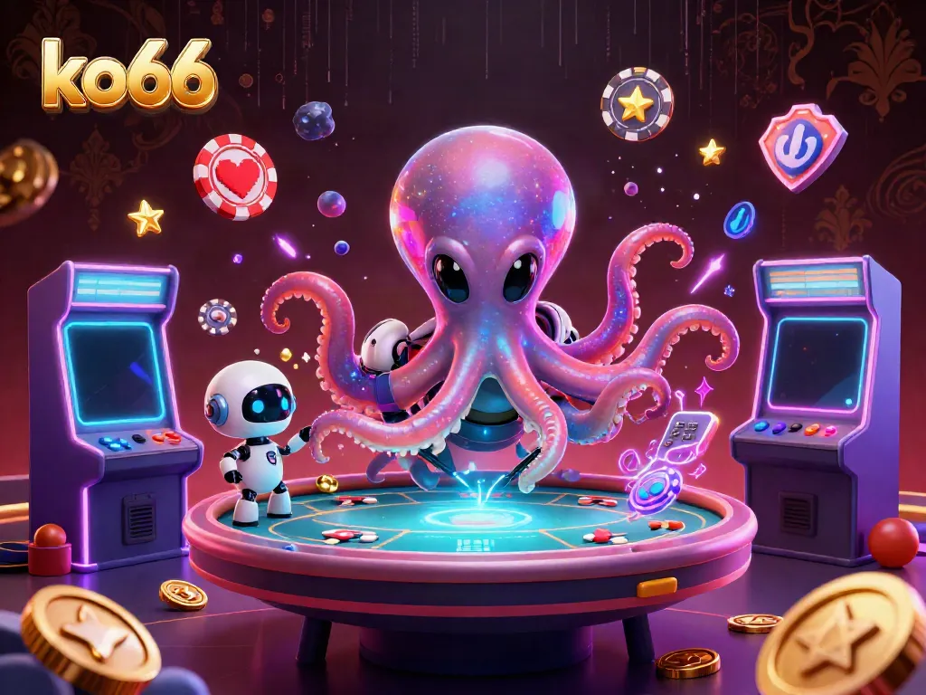 Experience exciting casino gameplay with ko66 as an alien octopus operates a holographic poker table in this vibrant scene.