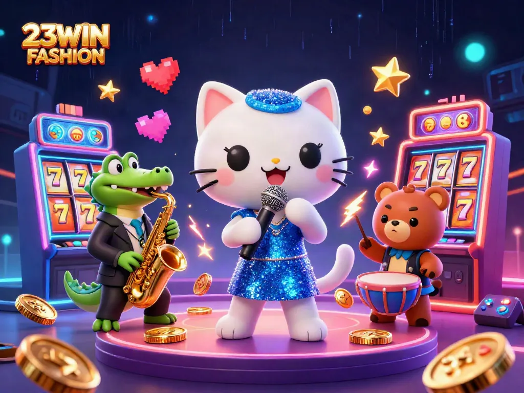 Experience the excitement of 23WIN FASHION with vibrant casino-themed illustrations showcasing slot machines and jazz characters.