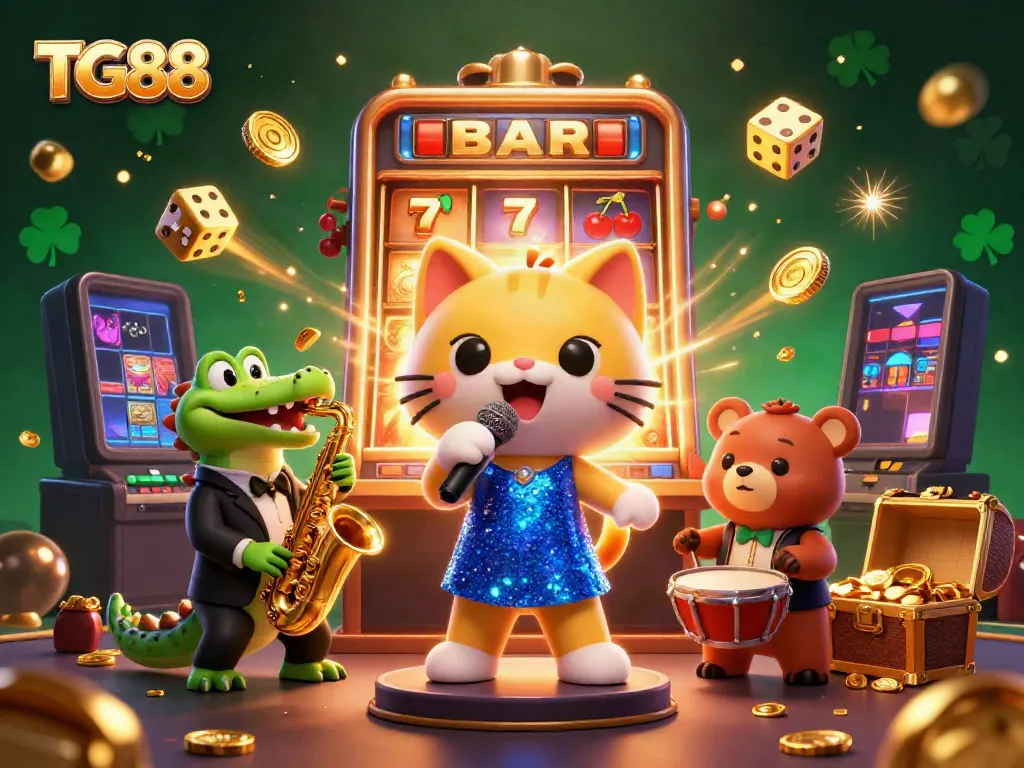 Experience TG88's vibrant casino ambiance with cartoon characters celebrating at a jackpot scene.