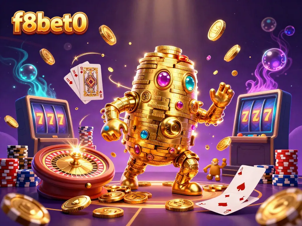 Engage with f8bet0's golden golem amidst a vibrant casino scene filled with dynamic slot symbols and poker chips.