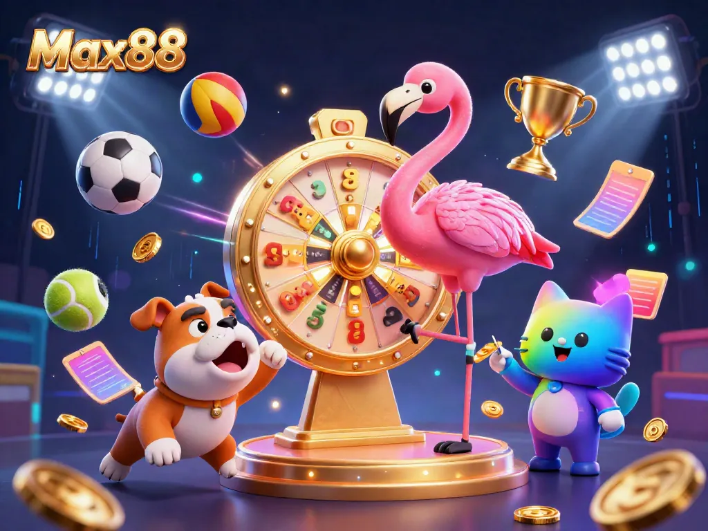 Engage in thrilling gaming at Max88, showcasing a dynamic casino scene with characters and exciting elements.
