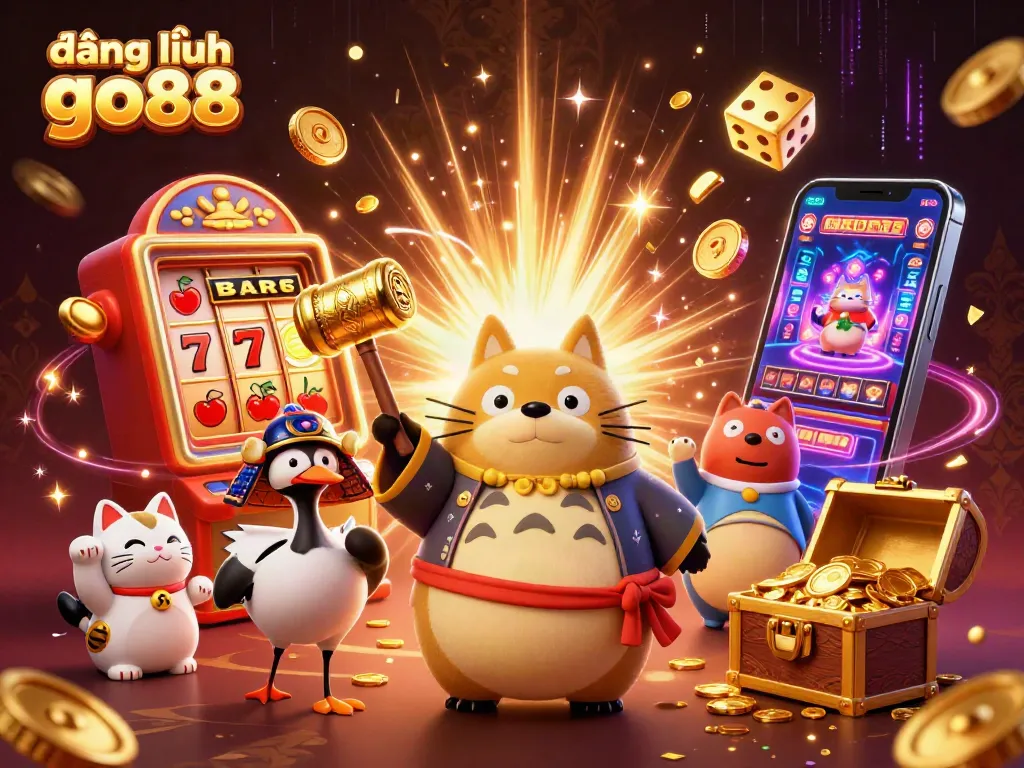Experience đăng nhập go88 with a vibrant 3D casino illustration featuring lucky elements and festive characters.