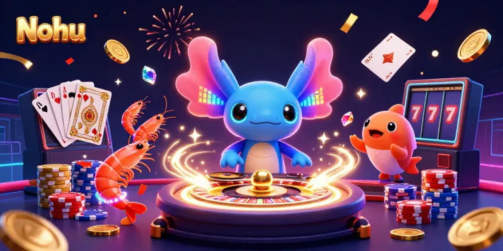 Nohu showcases vibrant casino fun with a neon DJ, spinning reels, and colorful gaming elements in this lively illustration.