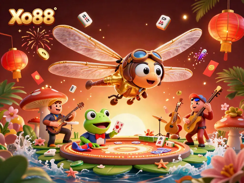 Experience dynamic gaming thrills with Xo88 in a vibrant 3D casino scene filled with lively characters and symbols.