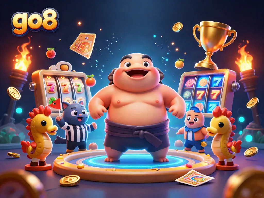 Spin to win at go8 with vibrant 3D illustration of fugu sumo wrestling in a lively casino setting.