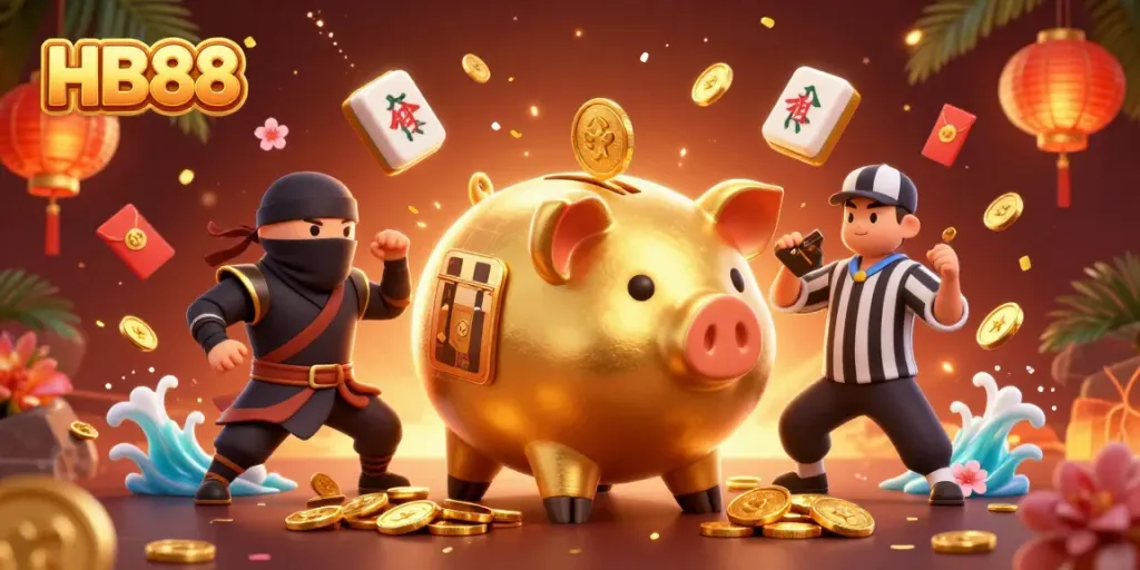 Win big with HB88, where a golden piggy bank sumo wrestler reigns over a festive casino fight scene!