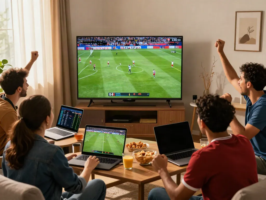 Excited fans enjoying a football match on GavangTV in a lively living room setting.
