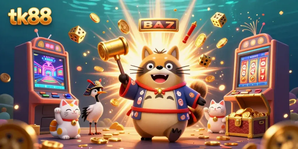 Experience excitement with tk88's colorful 3D casino scene featuring a lucky tanuki and vibrant game elements.