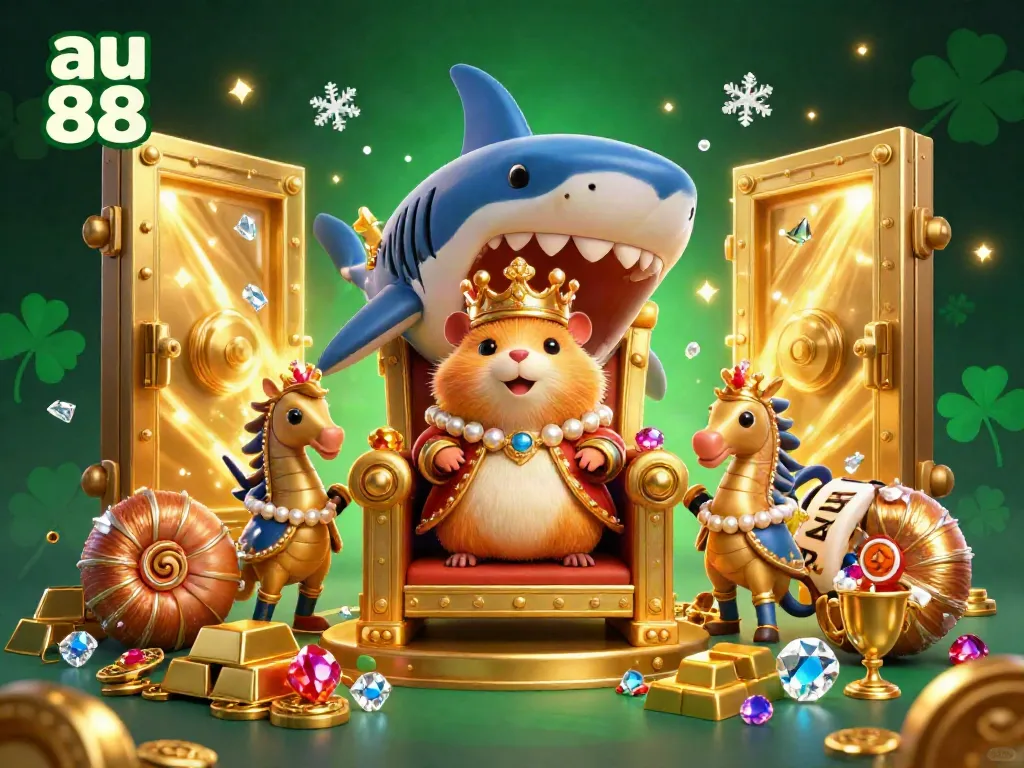 Experience the excitement at au 88 with an adventurous gaming scene featuring riches and the golden hamster king.