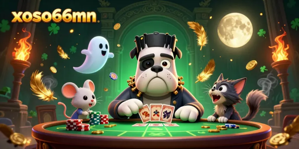Join the fun at xoso66mn with a lively scene featuring unique characters playing cards in a vibrant casino setting.