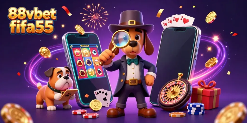 Experience thrilling gaming moments with 88vbet fifa55 through a captivating illustrated scene featuring casino characters.