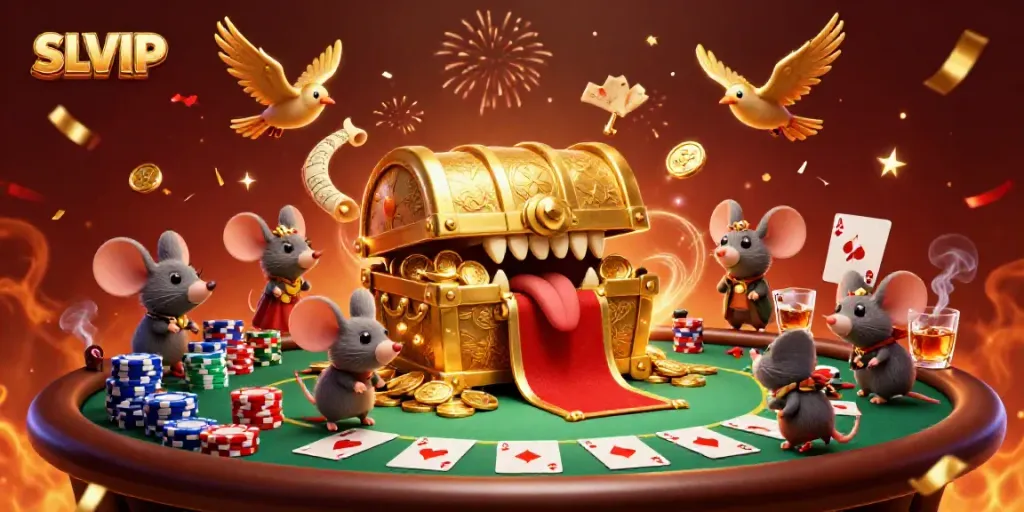 Engage in winning strategies at SLVIP with a vibrant 3D casino scene featuring a treasure chest and poker table.