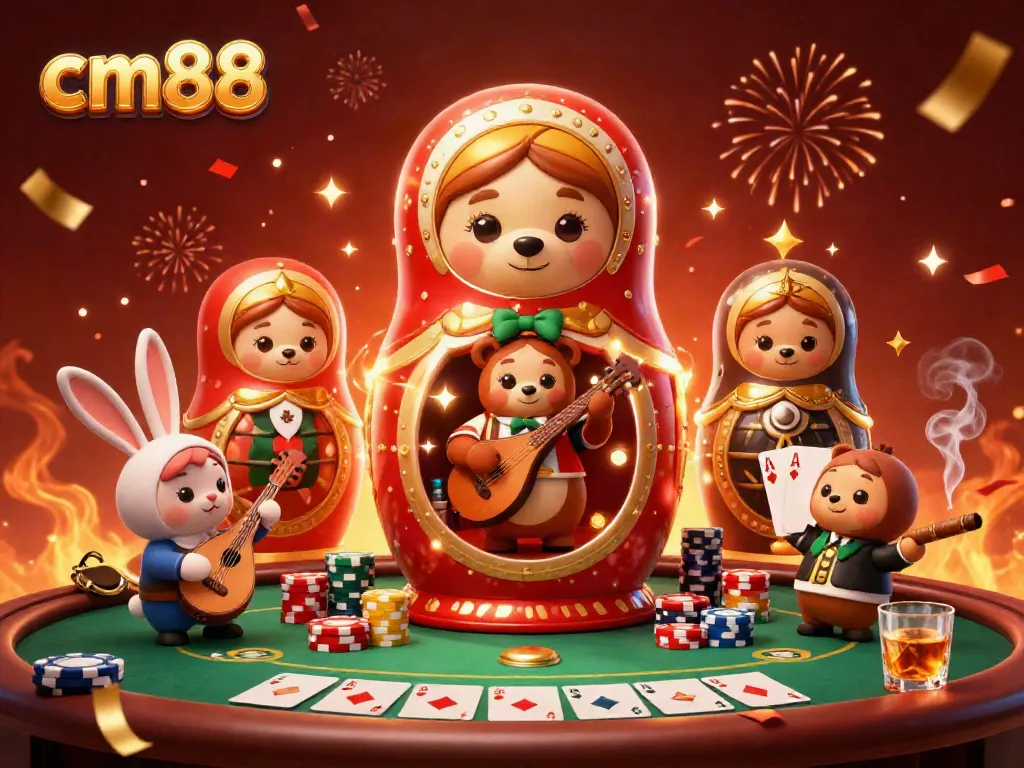 Immerse in cm88's vibrant casino world with a festive illustration of dealers and games.
