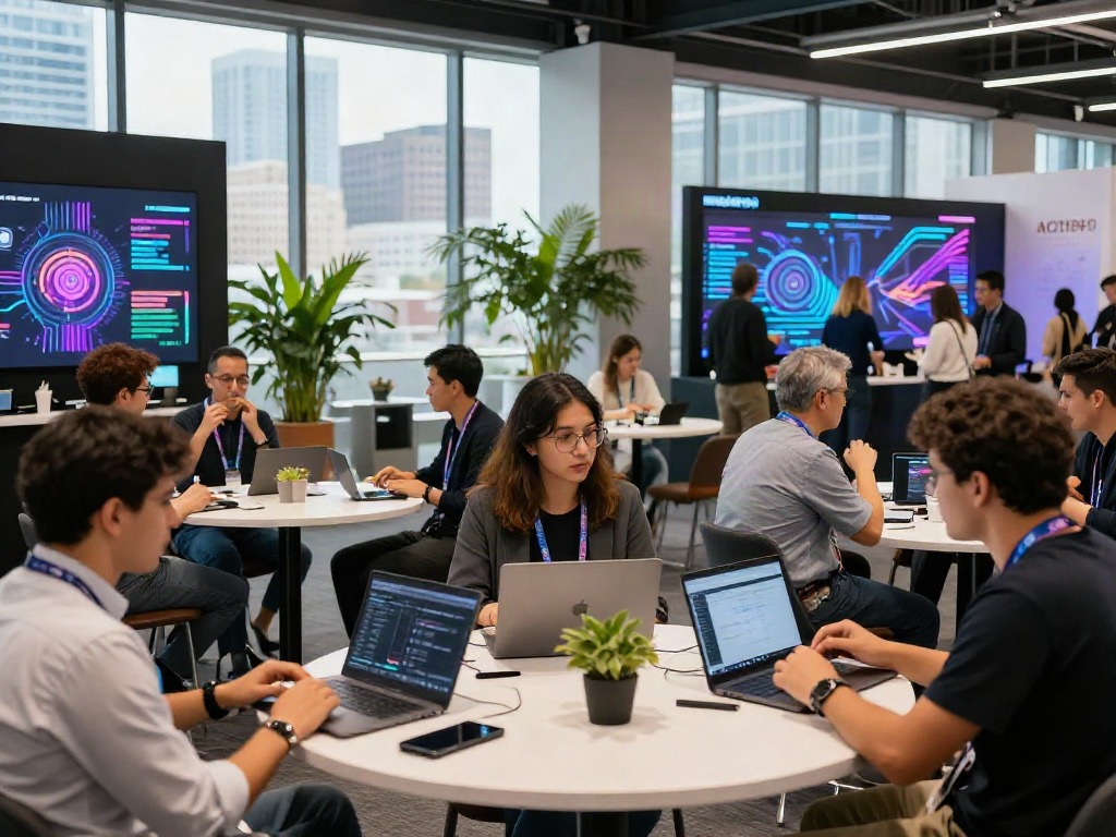 Engaged attendees at a modern tech conference discussing innovative ai 18+ solutions.