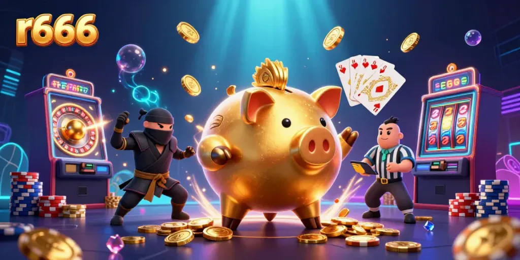 Experience thrilling wins with r666's golden piggy bank and dynamic casino characters.