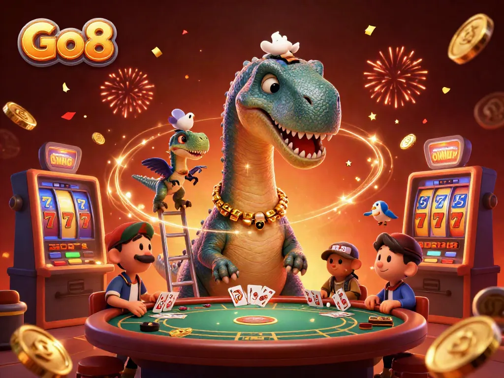Engage with the thrill of Go8 casino gaming featuring a towering brontosaurus and a clever raptor.