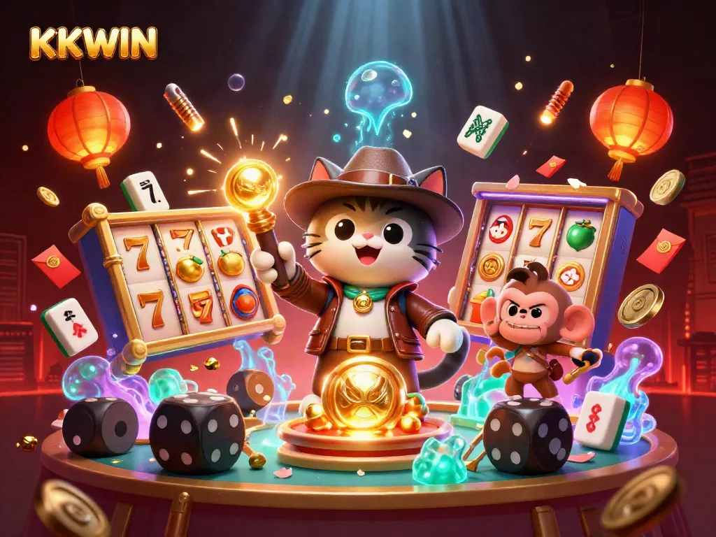 Win big at KKWIN with this dynamic 3D casino adventure illustration!