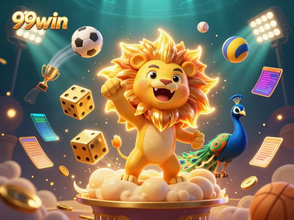 Engage with the exhilarating world of 99win through a dazzling 3D illustration capturing sports and gaming excitement.