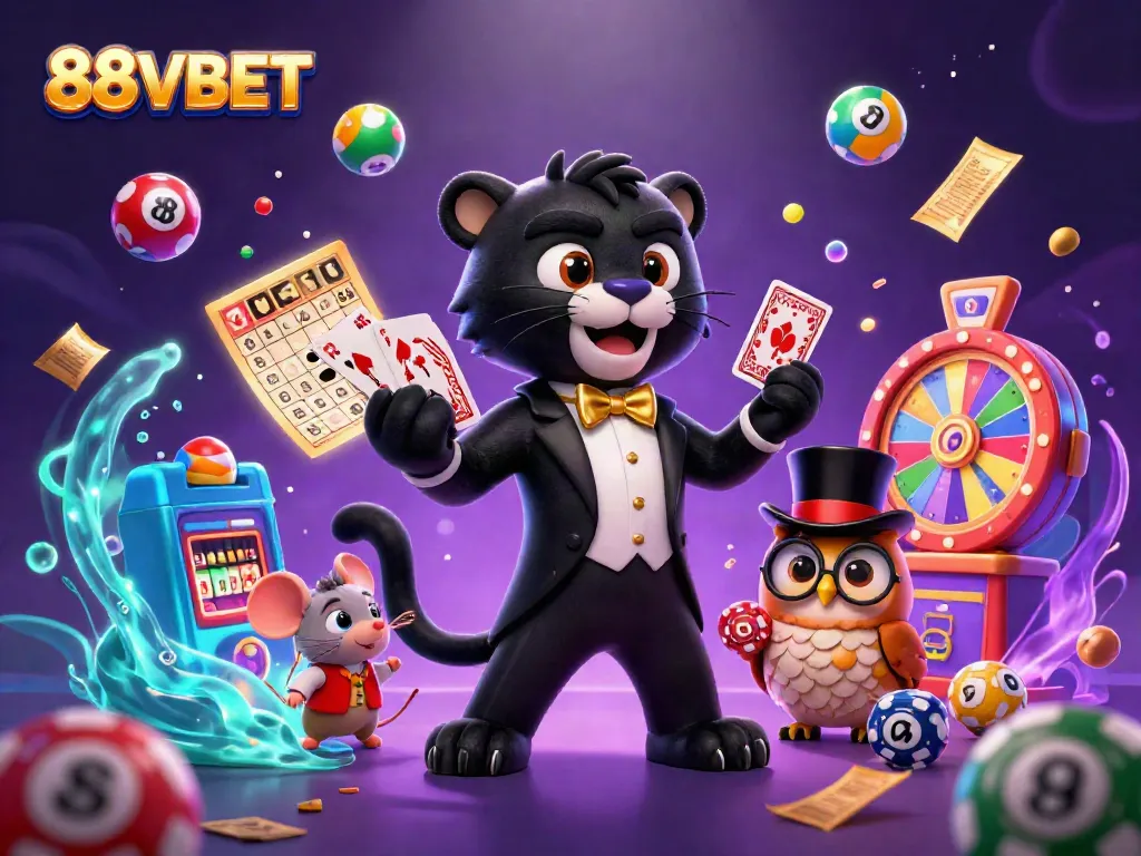 Engage with the exciting world of 88VBET as a stylish black panther deals cards amidst flying lottery balls and vibrant prizes, illustrating dynamic gambling action.