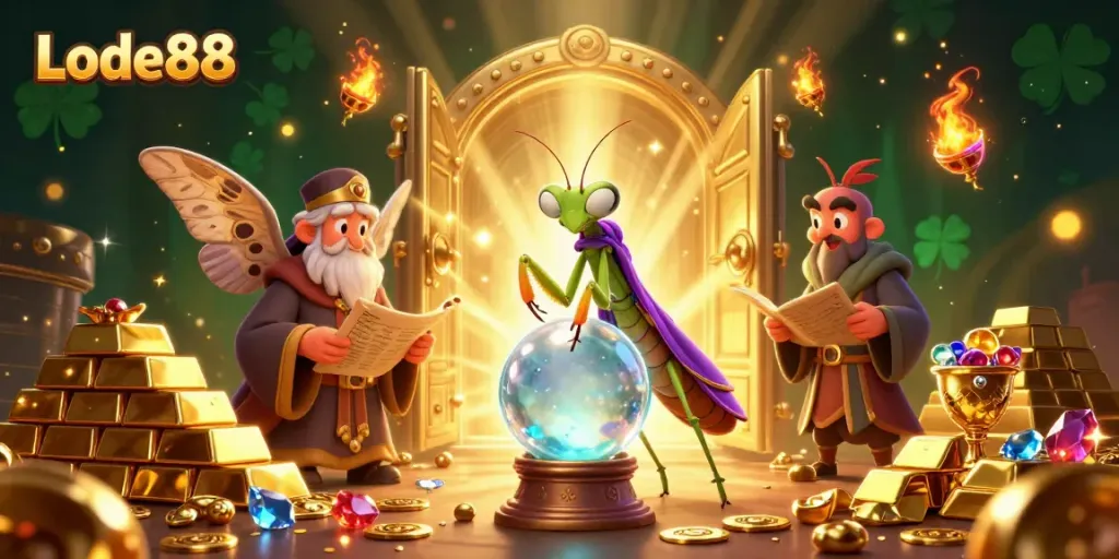Experience the magic of Lode88 with a vibrant scene featuring fortune tellers and treasure, lighting up the casino world.
