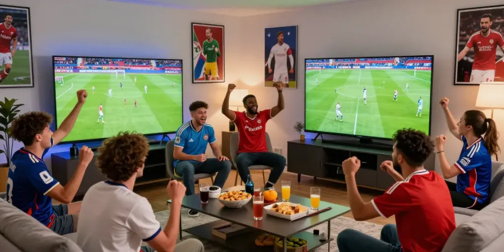 Excited fans watching SOCOLIVE soccer match in a lively setting.