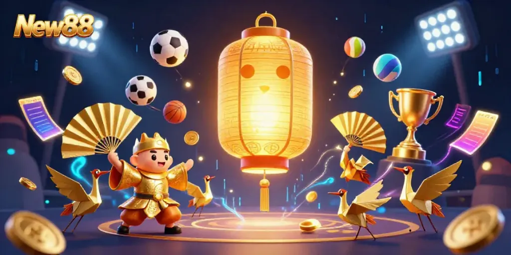 Engage with New88's vibrant online gaming experience, featuring dynamic casino elements and a golden lantern spirit.