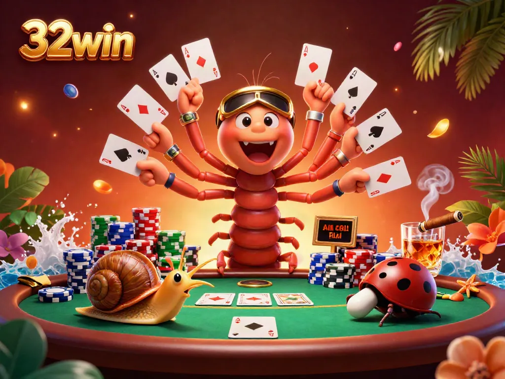 Experience the thrill of 32win with a dynamic poker scene featuring colorful chip stacks and characters.