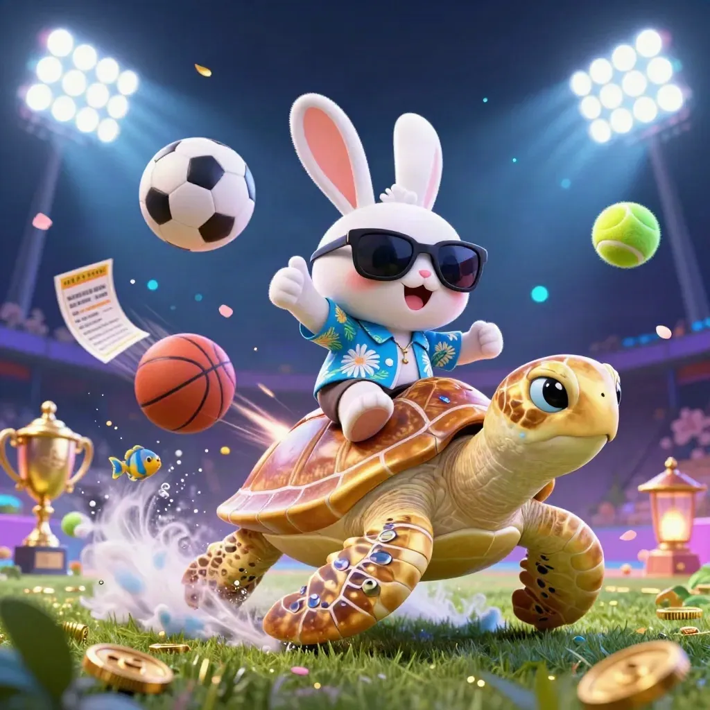 Lucky rabbit on a golden turtle amid flying balls, coins, beams, and neon casino magic.