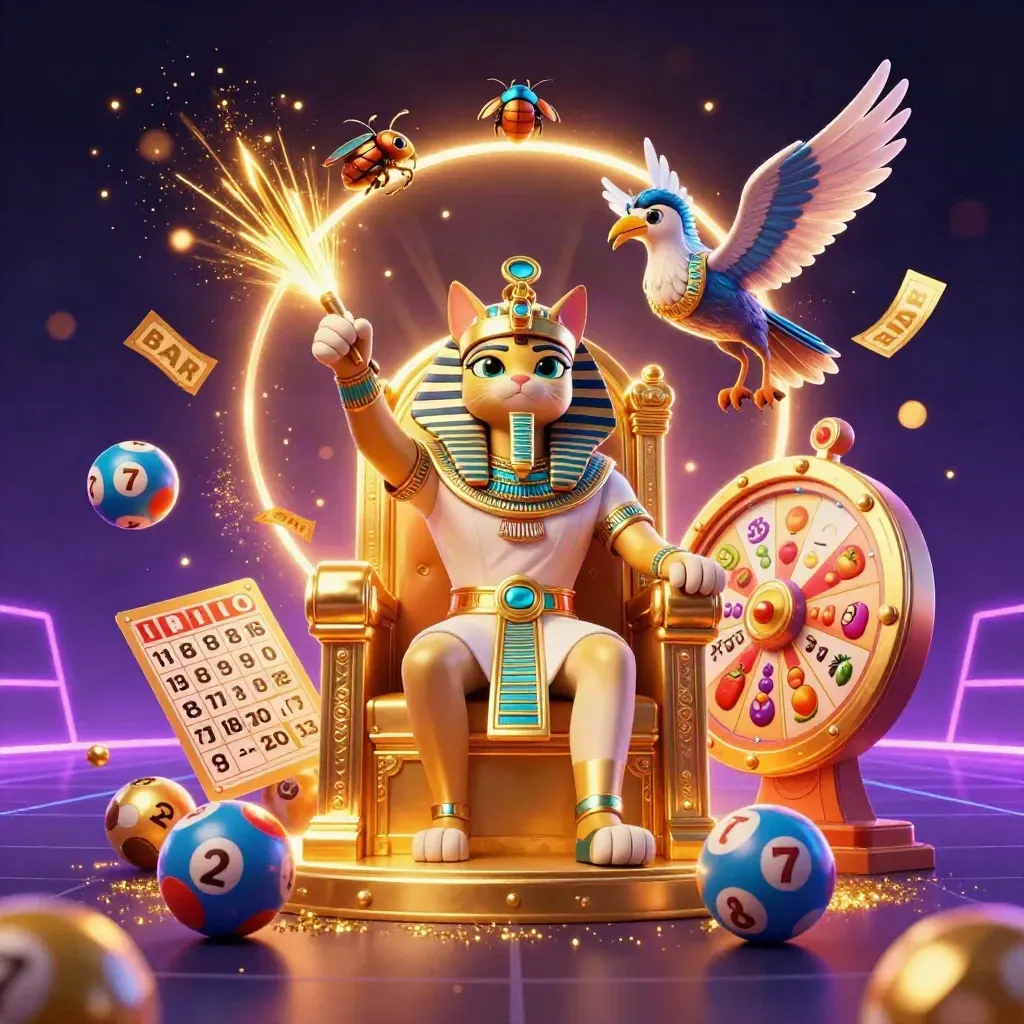 Pharaoh cat on throne with ibis, scarabs, lottery balls, reels, and glowing casino treasure