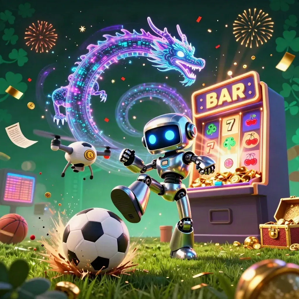 Cyberpunk robot, dragon and drone over a frozen soccer kick amid casino jackpots.