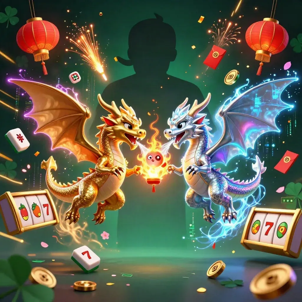 Twin gold and silver dragons clash with fire and ice amid neon casino symbols and lanterns.