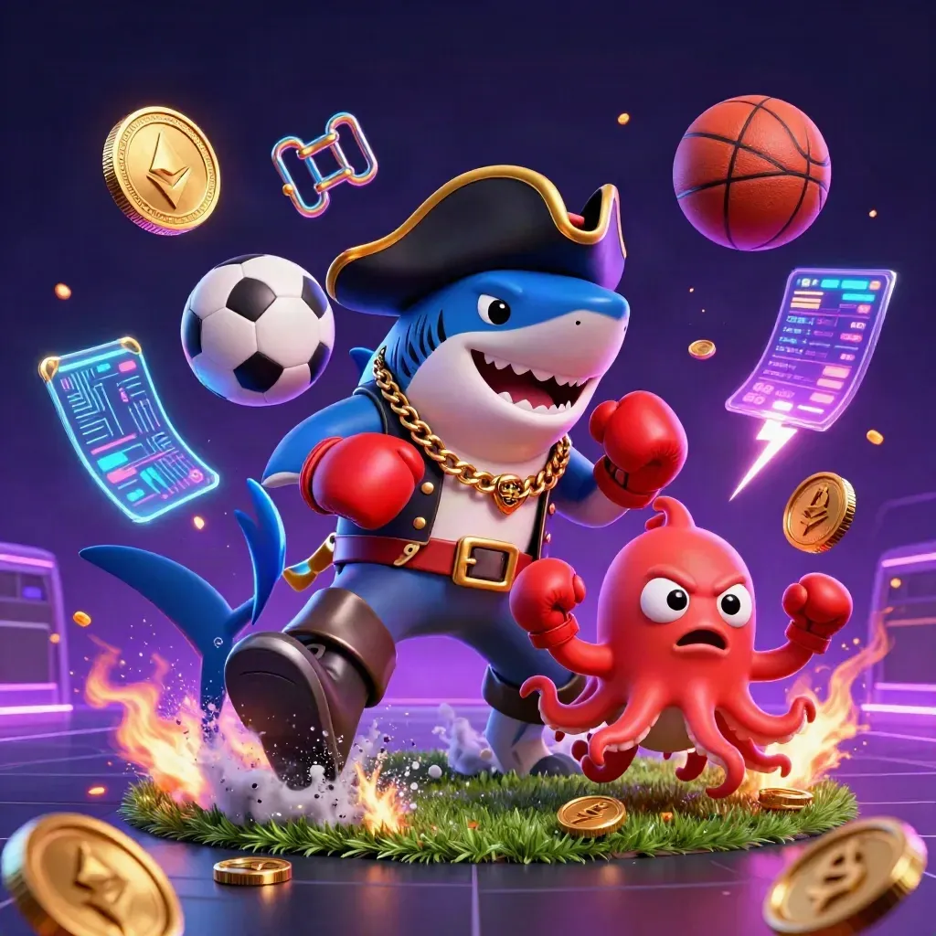 Cartoon pirate shark, red pufferfish, and octopus amid flying coins, balls, and neon casino effects.