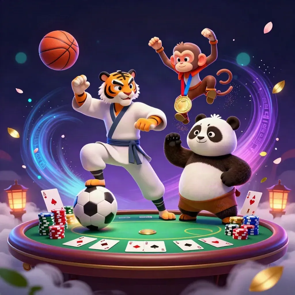 Kung-fu tiger, panda, and monkey amid casino chips, cards, and sports balls in neon light.