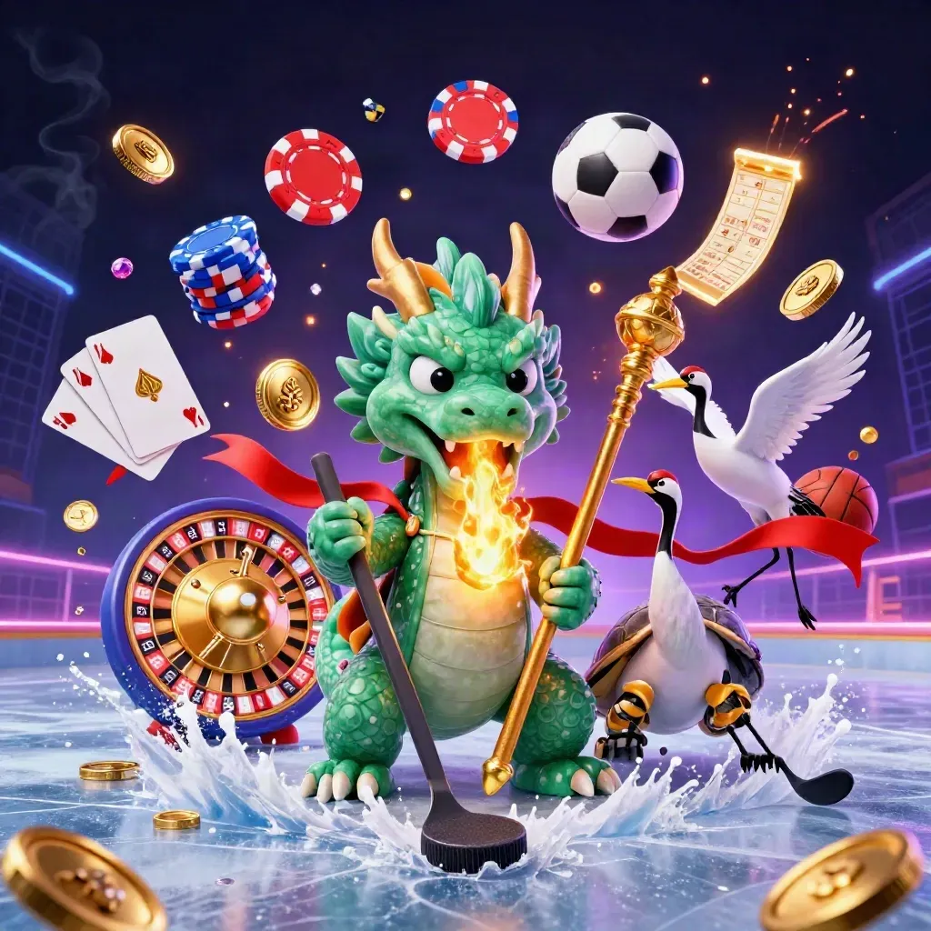 Jade dragon, turtle sage and cranes amid coins, chips and roulette over icy neon light