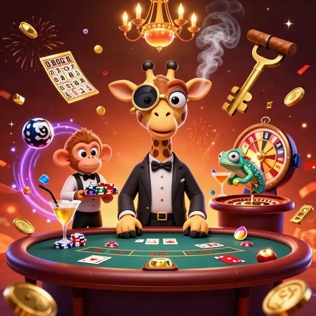 Neon casino scene with giraffe high-roller, monkey valet, chameleon bartender, and glowing game props.
